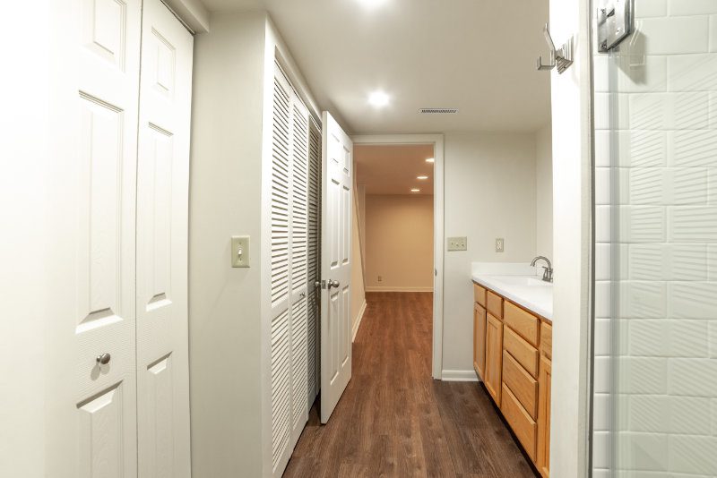 view from bathroom looking out into living area