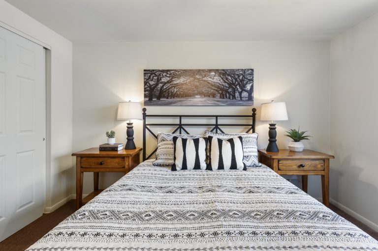 modern decor adorns bedroom with white walls